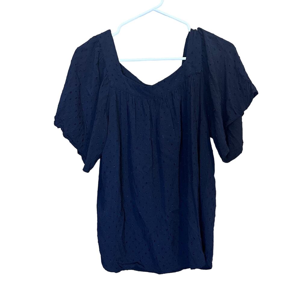 Loft Navy Blue Flutter Sleeve Textured Polka Dot‎ Swing Blouse Size Medium